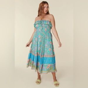 SPELL Hibiscus Lane Strapless Flutter Midi Dress Organic Lagoon Floral NWT